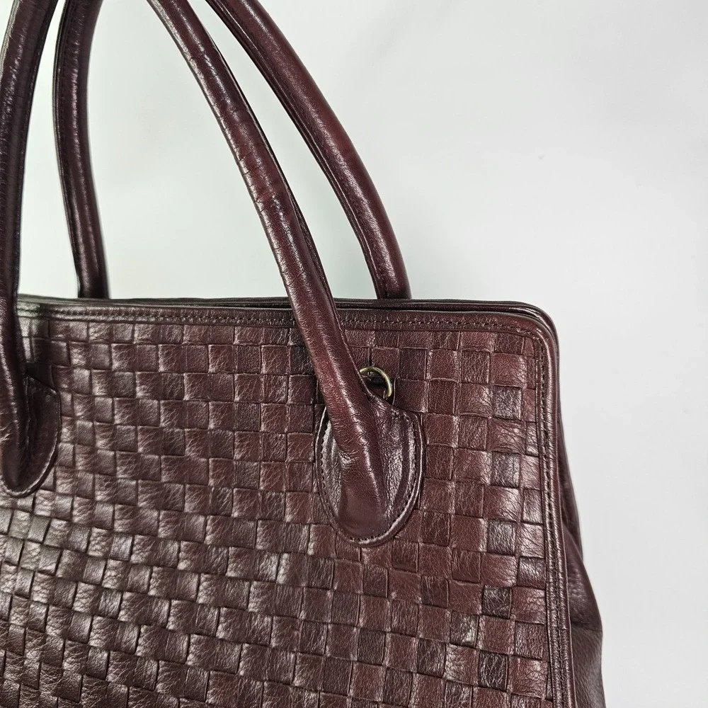 Vtg Monet Woven Leather Tote Shoulder Bag Intrecciato Burgundy Maroon Satchel